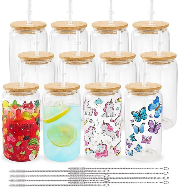  MerryJoy 24 PACK Sublimation Glass Blanks With Bamboo  Lid,Frosted and Clear 16 OZ Glass Cups With Lids And Straws,Sublimation  Glass Blanks For Iced Coffee,Juice,Soda,Drinks,Beer : Home & Kitchen